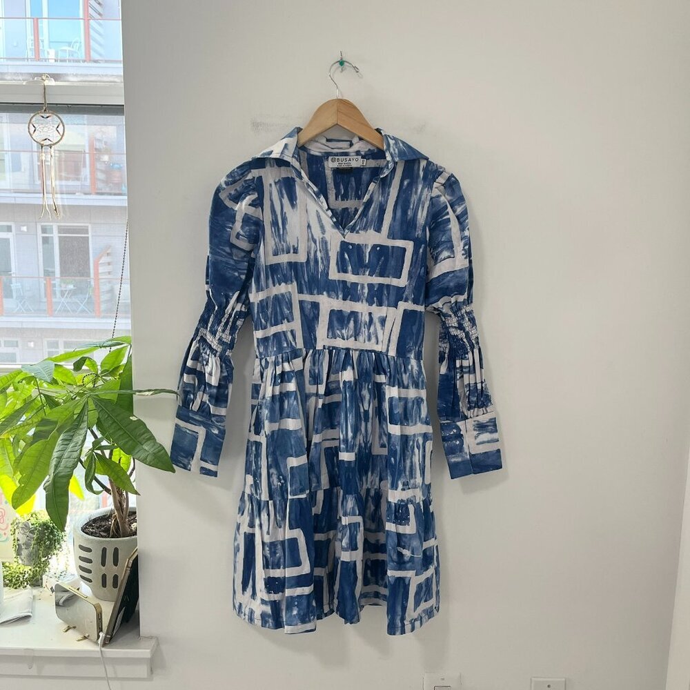 Busayo Blue & White Print Long Sleeve Dress Size XXS